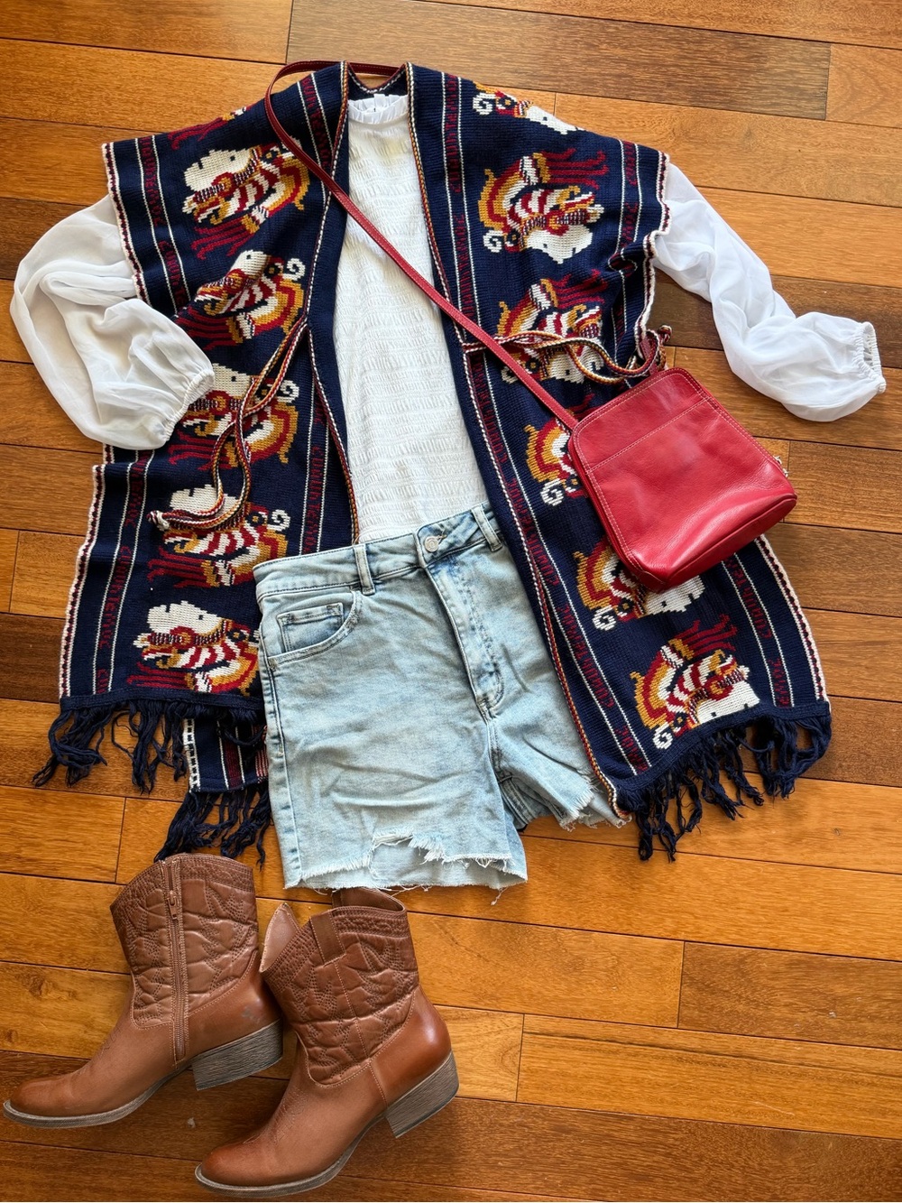 Vintage 70s Tribal Poncho Fringed Boho Festival Cape Loose Fit Wrap OSFM